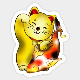 Right paw gold maneki neko lucky cat with fish Sticker